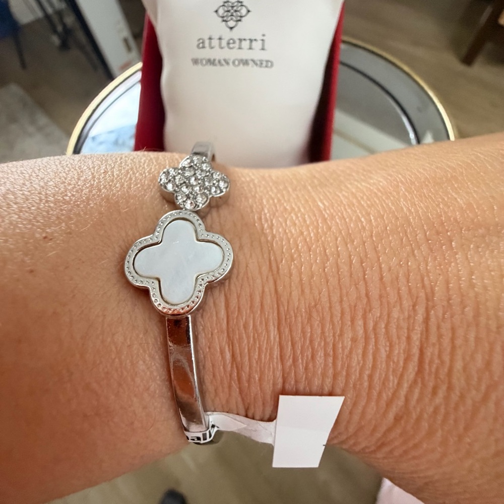 Atterri Sterling Silver 925 Zircons & White Lucky Clover Women's Bracelet New - Picture 11 of 12